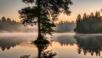 Obraz premium A serene lake at dawn with mist rising from the water and a forest in the background. 