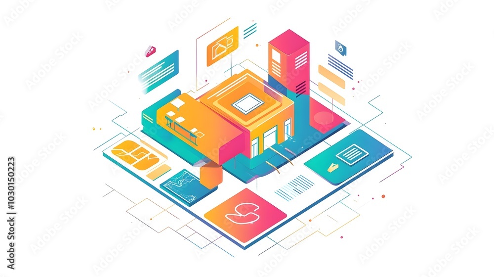 Poster isometric illustration of modern business architecture with colorful icons and lines