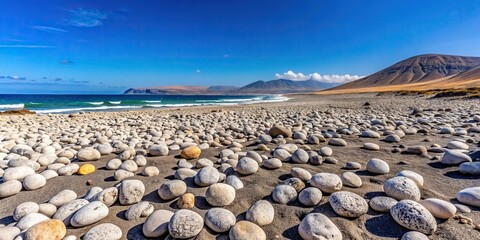 Minimalist dry rocky desert coast with small white and black stones in Fuerteventura Canary Islands