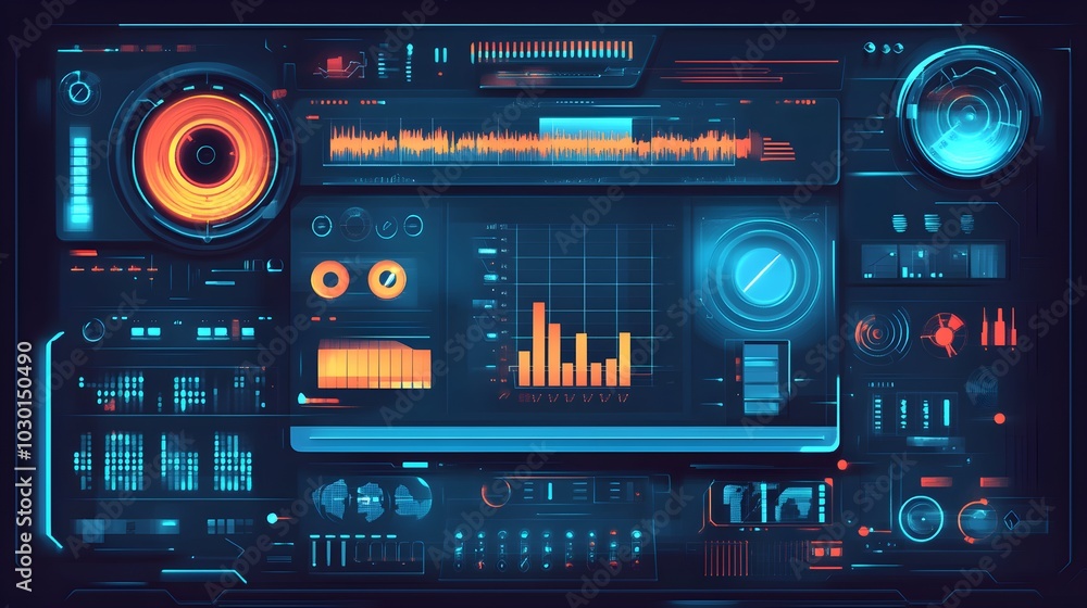 Poster futuristic digital interface with neon lights and data visualizations