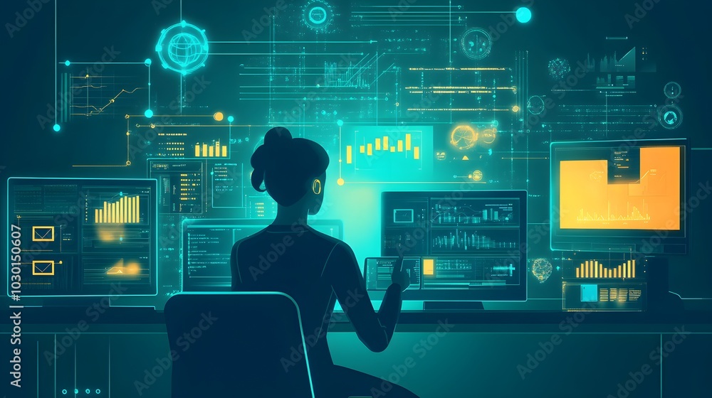 Poster woman analyzing data on computer monitors with futuristic interface