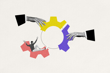 Composite photo collage of happy american girl sit gearwheel hands business optimization progress...