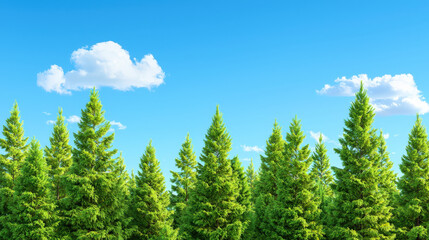 Fototapeta premium Lush green trees reach towards clear blue sky, dotted with fluffy white clouds, creating serene and tranquil atmosphere in nature