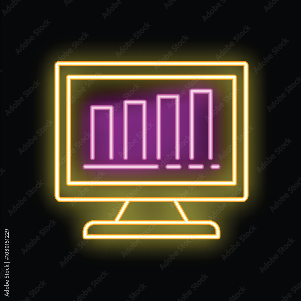 Poster neon sign illustration of a computer screen displaying a growing bar chart graph on a black backgrou