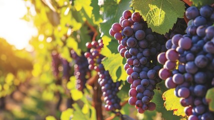 Naklejka premium Purple Splendor: Captivating Close-Up of Grapes Thriving in a Vineyard