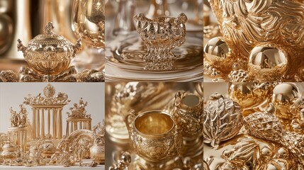 A collection of lavish gold objects, including decorative pieces and accessories, exuding exclusivity and high-end luxury