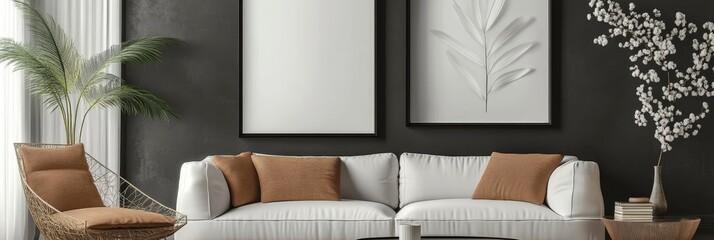 Cozy Minimalist Interior White Sofa, Abstract Art, and Delicate Floral Decoration. 3D Rendering