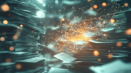 Artificial intelligence at work, managing and processing massive amounts of digital data represented by stacks of documents and glowing data streams. Perfect for concepts of big data and automation.
