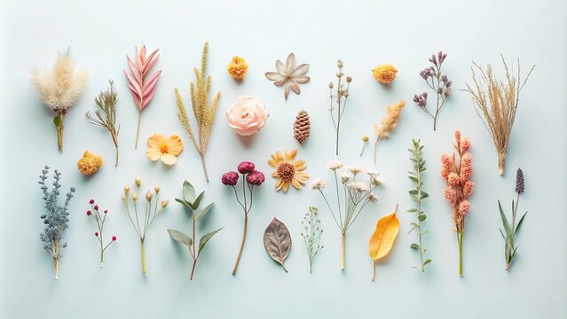 Minimalist flat lay photo of pastel dried botanicals arranged in a knolling layout, extreme close-up
