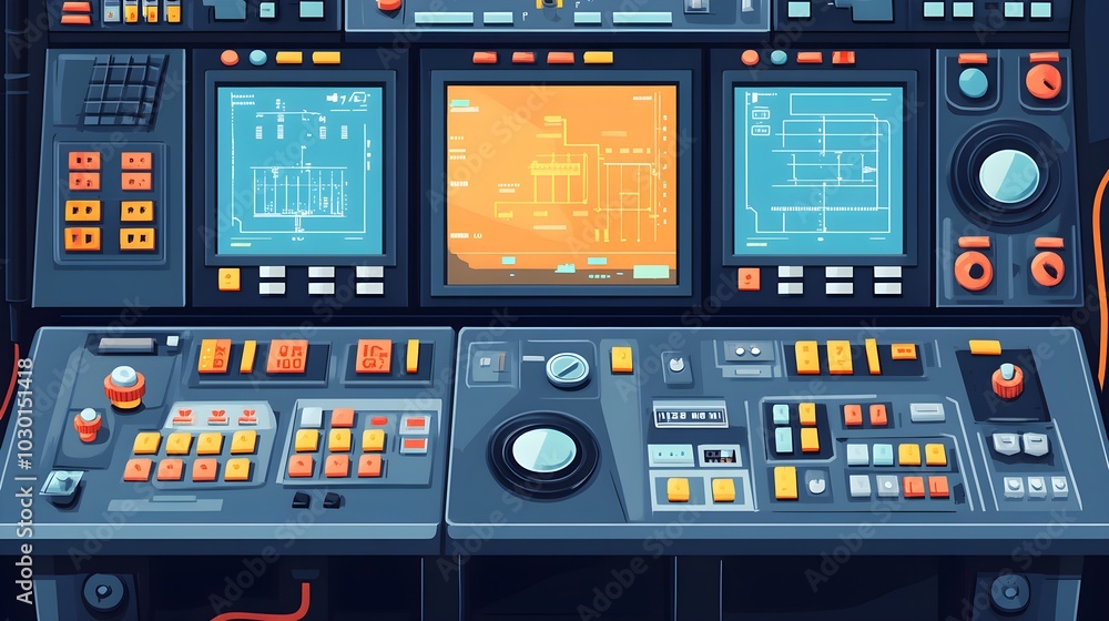 Poster futuristic control panel with screens and buttons