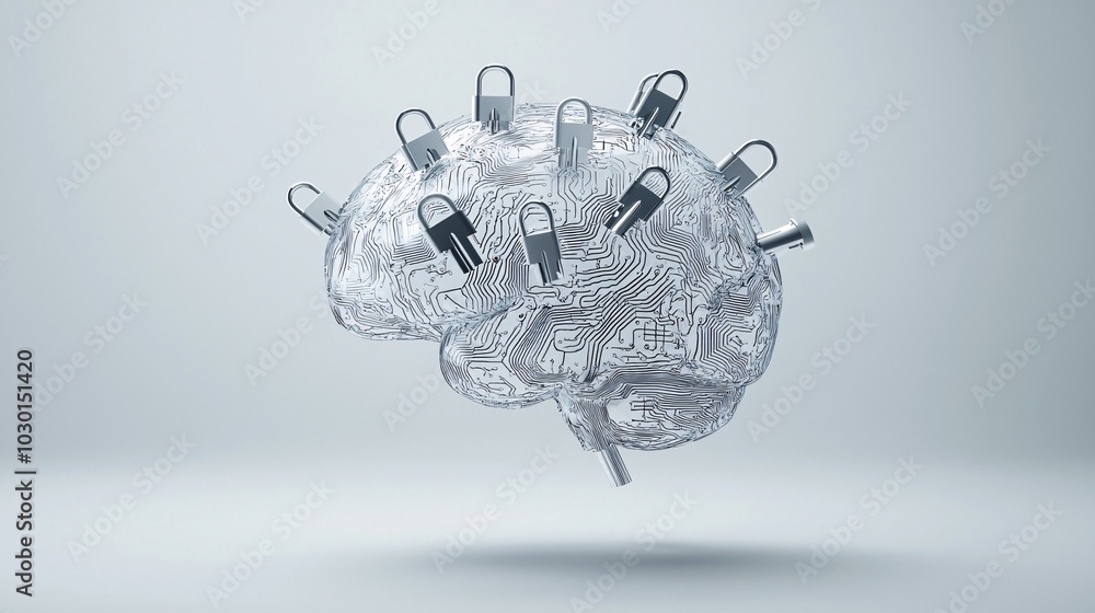 Poster an abstract visual of a human brain made of circuit board patterns, with locks and keys interspersed