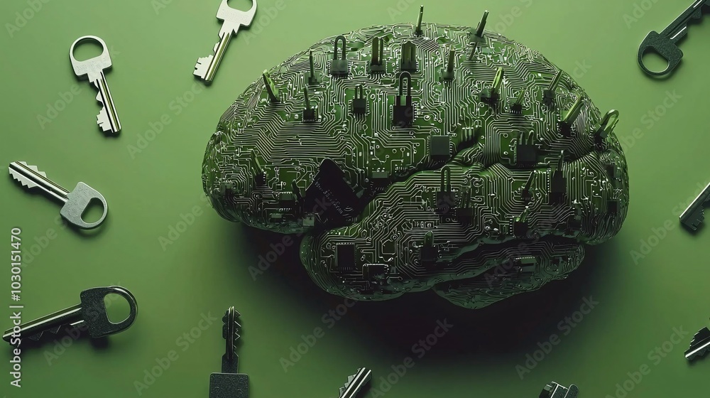 Poster an abstract visual of a human brain made of circuit board patterns, with locks and keys interspersed