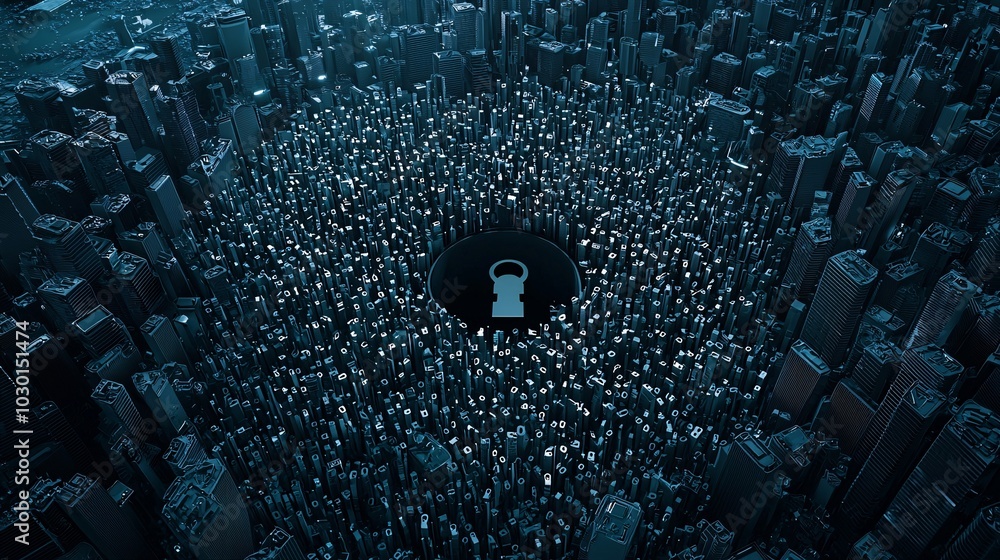 Poster a giant keyhole in the center of a vast matrix of digital data, with tiny padlocks locking and unloc