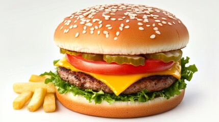 Classic Cheeseburger with Sesame Seed Bun, Beef Patty, and Fresh Toppings on White Background.