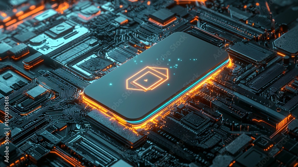 Poster a smartphone with a glowing shield hovering above it, showing encrypted messages and secured data st