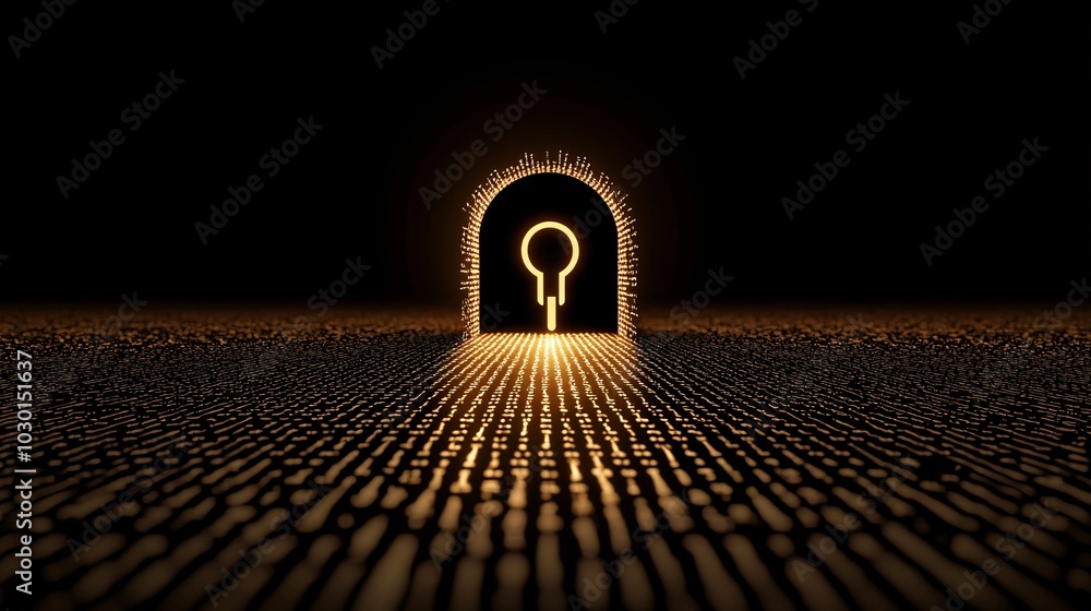 Poster a giant keyhole in the center of a vast matrix of digital data, with tiny padlocks locking and unloc