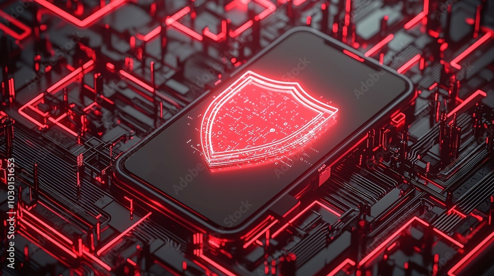 Poster a smartphone with a glowing shield hovering above it, showing encrypted messages and secured data st