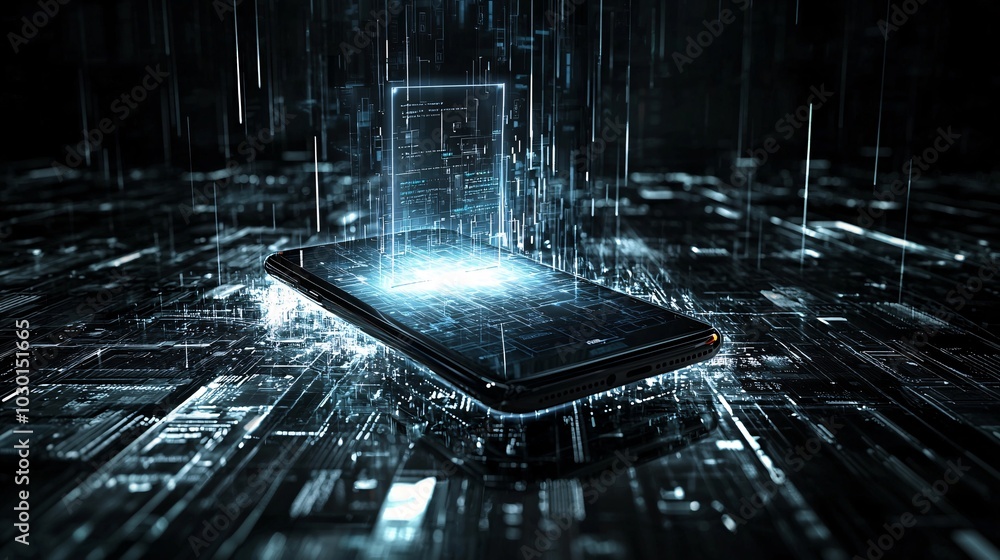 Poster a smartphone with a glowing shield hovering above it, showing encrypted messages and secured data st
