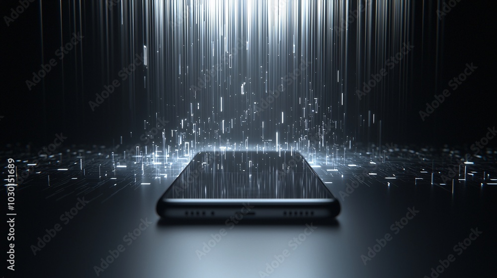Poster a smartphone with a glowing shield hovering above it, showing encrypted messages and secured data st