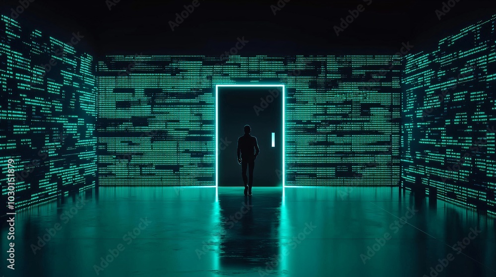 Aufkleber a hacker in a dark room facing a wall of encrypted data, with green code raining down but a bright, 