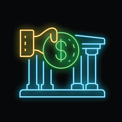 Neon icon illustration of a hand holding coin putting in bank building facade on black background