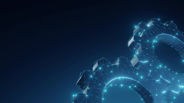 Abstract digital gears with interconnected points symbolizing technology, teamwork, and collaboration in a futuristic network environment.