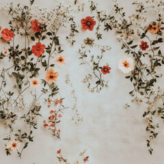 Seamless pattern cottagecore cottage core boho shabby chic style rustic flowers floral background copy space wildflowers Victorian flat lay dried flowers bright colorful pale gray background cheerful