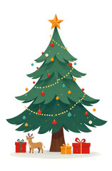 Fototapeta premium Christmas tree with gifts, white background, illustration style