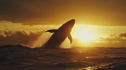 Fototapeta premium A majestic whale breaches the surface at sunset, creating a stunning silhouette against the vibrant sky and ocean landscape.