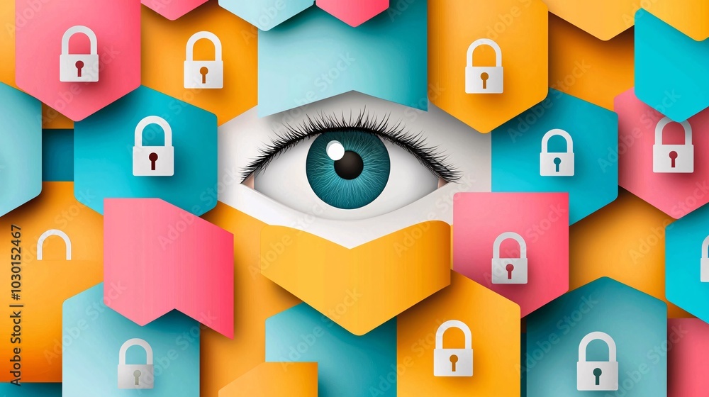 Poster an eye peering through layers of privacy shields and data firewalls, representing surveillance and t