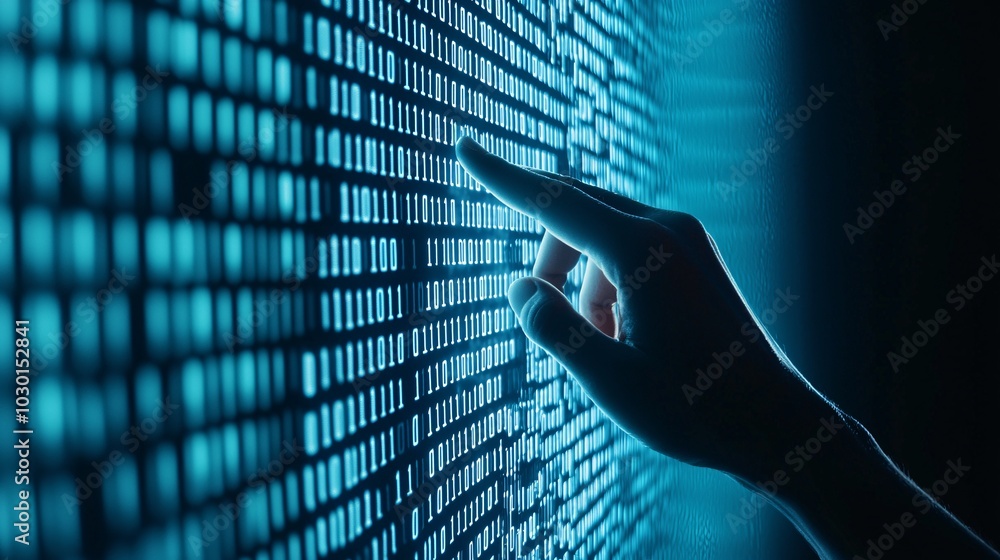 Poster an abstract representation of data ownership, with a glowing hand holding a digital key, unlocking a