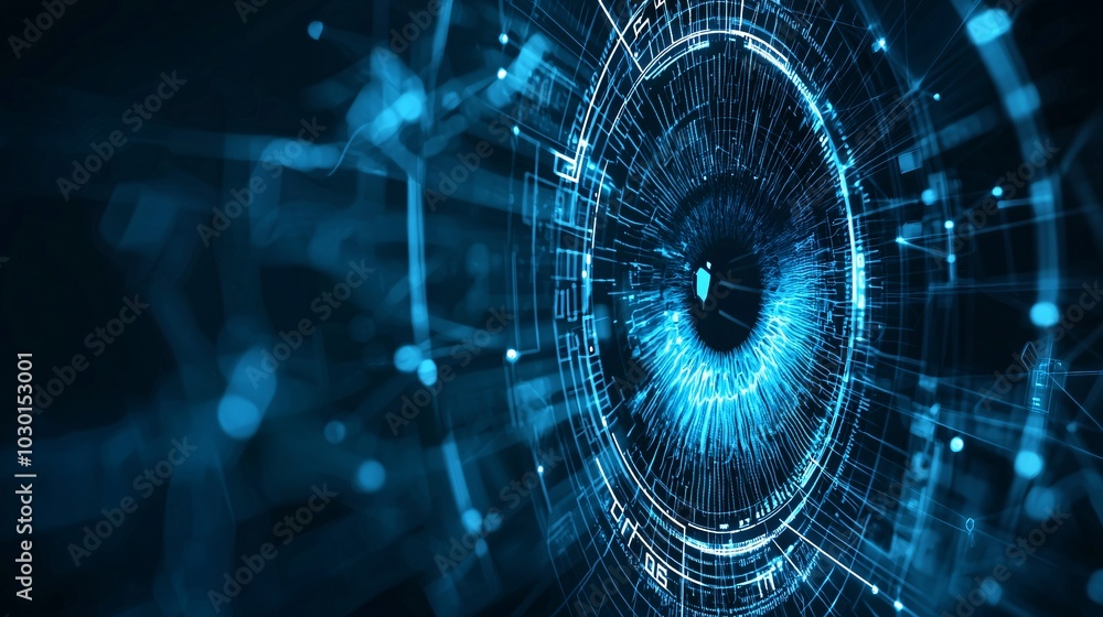Poster a close-up of a human eye with a glowing iris surrounded by layers of digital security symbols, repr