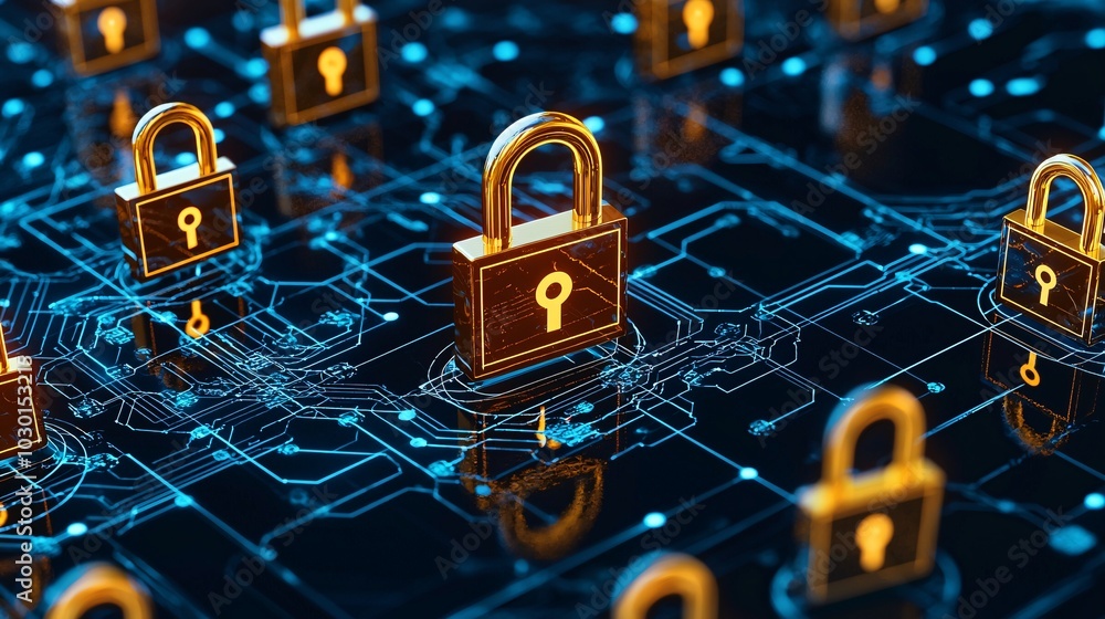 Poster a complex data stream flowing through a series of security checkpoints, each guarded by digital padl