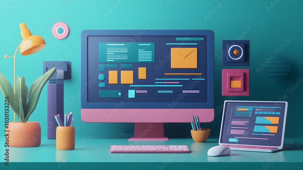 Poster modern minimalist workspace with computer laptop and desk lamp