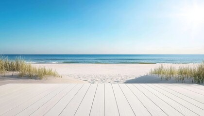 A coastal backyard with a wooden boardwalk leading to the beach, surrounded by tall grasses, dune plants, and ocean views
