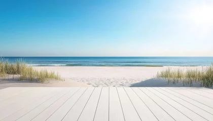 Foto auf Acrylglas Abstieg zum Strand A coastal backyard with a wooden boardwalk leading to the beach, surrounded by tall grasses, dune plants, and ocean views  © JP STUDIO LAB