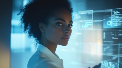 Focused woman in a sleek outfit engages with digital technology in a futuristic workspace. Innovation and creativity shine through her eyes.