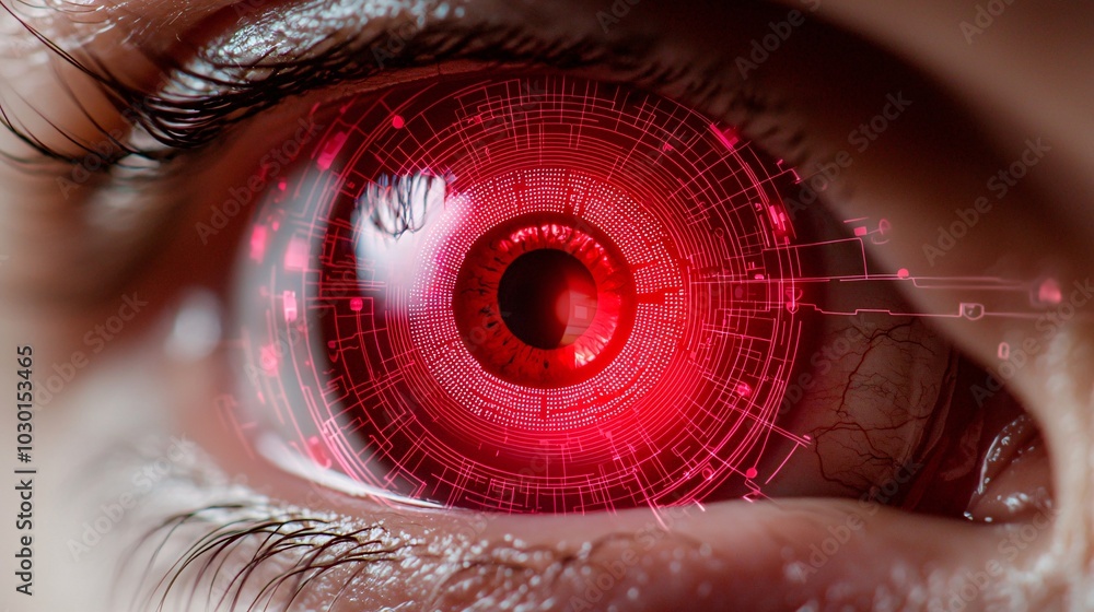 Poster a close-up of a human eye with a glowing iris surrounded by layers of digital security symbols, repr