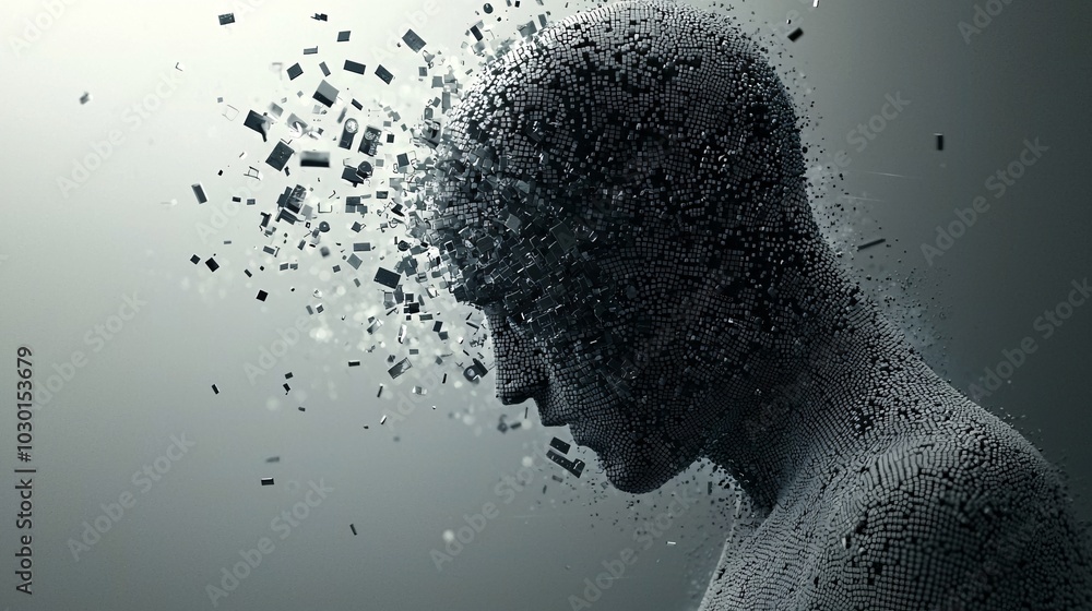 Poster a futuristic human figure made of pixels with pieces of personal data floating around, while locks s
