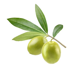 Two green olives with leaves isolated on white background. Clipping path.