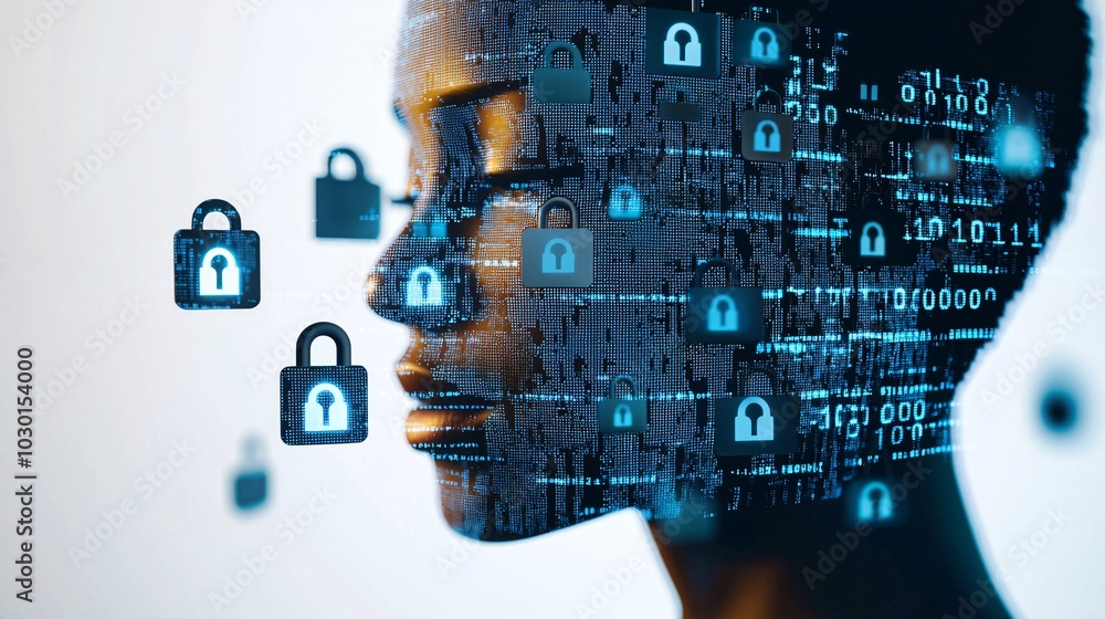 Poster a futuristic human figure made of pixels with pieces of personal data floating around, while locks s