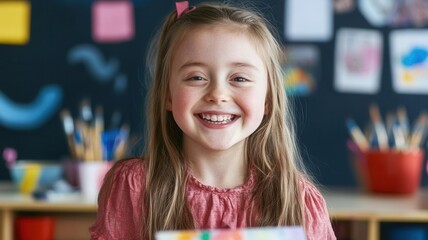Young girl with Down syndrome smiling brightly while painting in a classroom, Disability Awareness, creativity and education