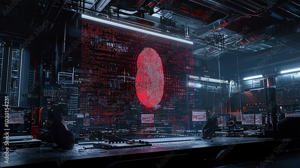 Poster a giant fingerprint hovering above a computer screen filled with code, surrounded by security locks 