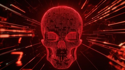 Digital skull in red code surrounded by binary sequences, futuristic and techfocused theme, glowing lines in the background