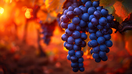 Sunlit Vineyard Hanging on tree Ripe Grape Clusters  in the Field