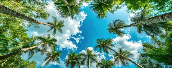Obraz premium White clouds and a blue sky contrast with green palm plants. a forest of tropical jungles beneath a clear blue sky. Beautiful natural scenery, summer travel.