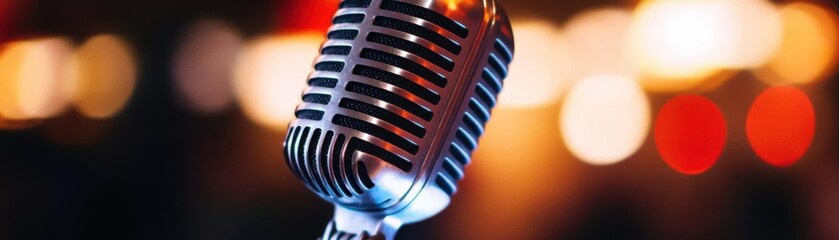 Closeup of podcast host talking into a vintage microphone with warm lighting, Podcast Host, Vintage Media Vibe