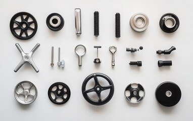 Fototapeta premium A diverse range of office chair wheels, including soft rubber, hard plastic, and locking mechanisms, presented in isolation on a stark white background for an informative overview 