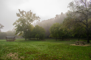 Paisaje de bosques un día con niebla y mesas de madera de Burgos, España