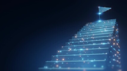 Abstract glowing staircase with a flag at the top, symbolizing business success, achievement, and reaching goals in a futuristic, digital environment.